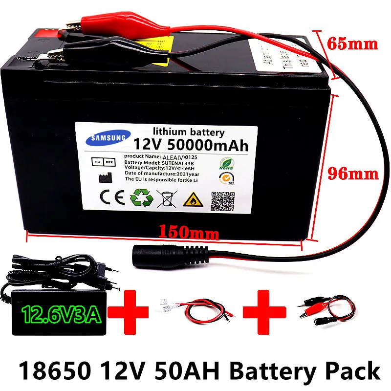 12V 50Ah 50000mAh 18650 lithium battery pack built-in high current 30A BMS for sprayers electric vehicle batterie+12.6V Charger |
