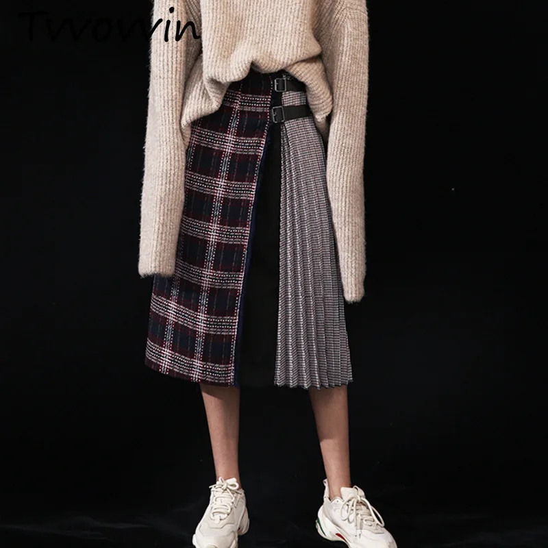 

TVVOVVIN 2019 New Spring Autumn High Waist Black Spliced Pleated Plaid Stitch Bandage Half-body Skirt Women Fashion Tide C613