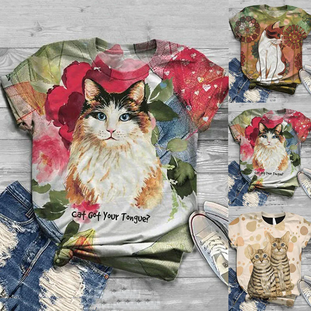 Harajuku футболки размера плюс для женщин с коротким рукавом 3d Kitty Cat печатных o