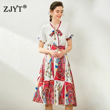 

High Fashion Summer Skirt 2 Piece Suit Set Women 2020 New Designers Short Sleeve Bow Collar Top and Print Skirt Matching Sets