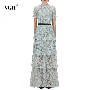 

VGH Casual Summer Dress Women Stand Collar Short Sleeve High Waist Lace Hollow Out Hit Color Dresses For Female Clothes 2020 New