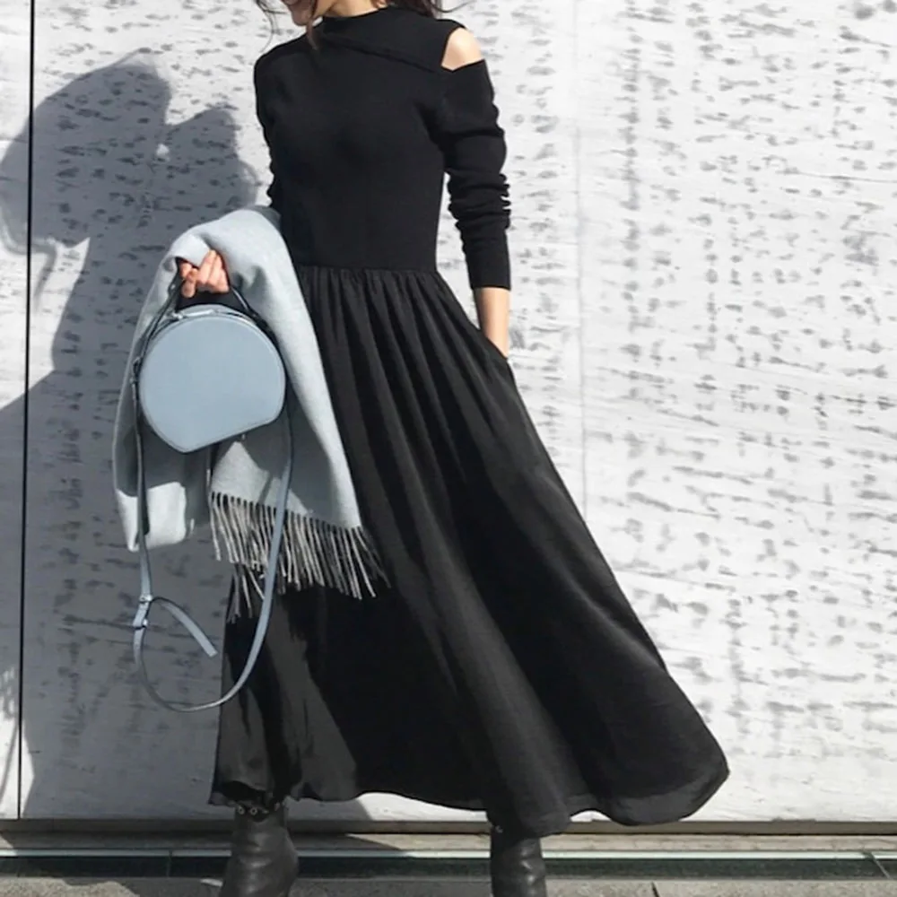 

2020 Elegant Knitted Sweater Dress Women Korean Causal Autumn Spring Hollow Out Long Sleeve Loose Pullover Long Dress Black