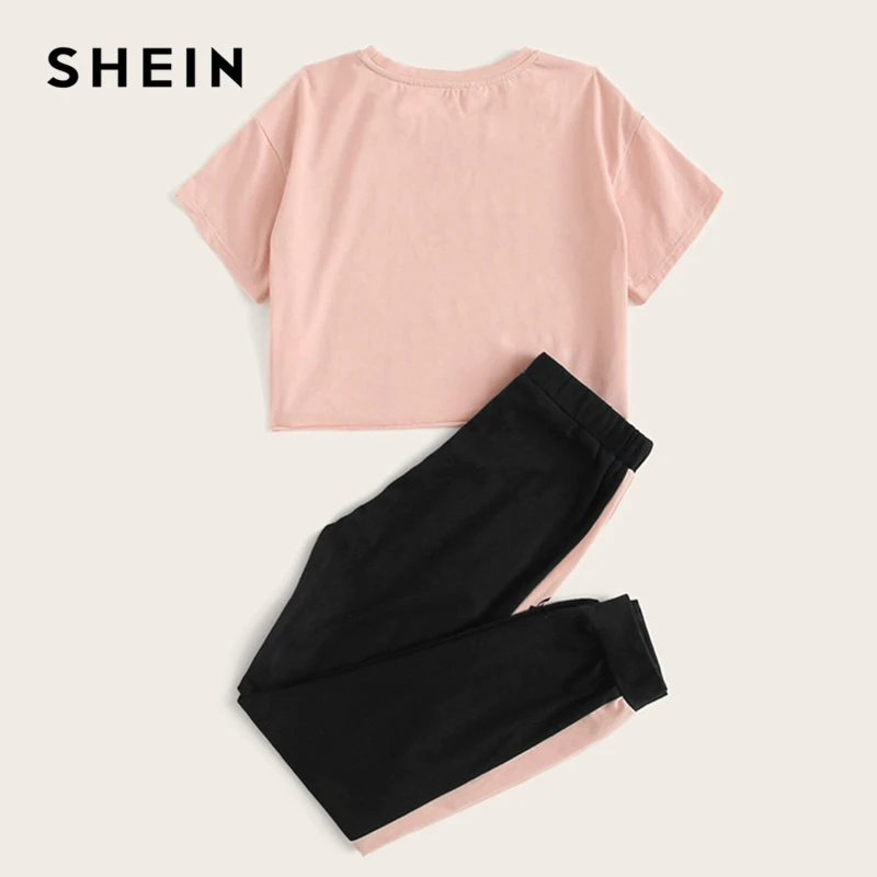 SHEIN/Детская футболка с буквенным принтом для девочек и спортивные штаны с контрастными боковыми вставками, повседневный комплект для детей, г. Летняя одежда для активного отдыха костюм с короткими рукавами, комплекты