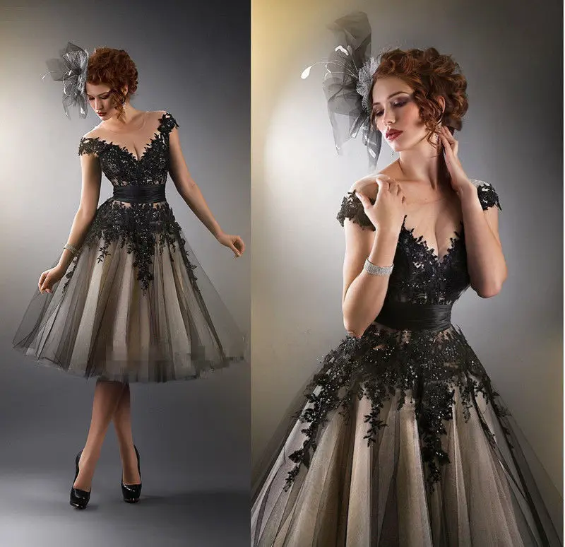 

Black Appliques A Line Evening gown 2018 robe de soire Tea-Length Formal Prom Gowns vestido de noiva mother of the bride dresses