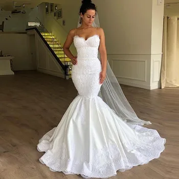 

African Plus Size Mermaid Wedding Dresses 2020 Spaghetti Neck Lace Up Elegant Bridal Gowns Lace Appliques White Vestido De Noiva