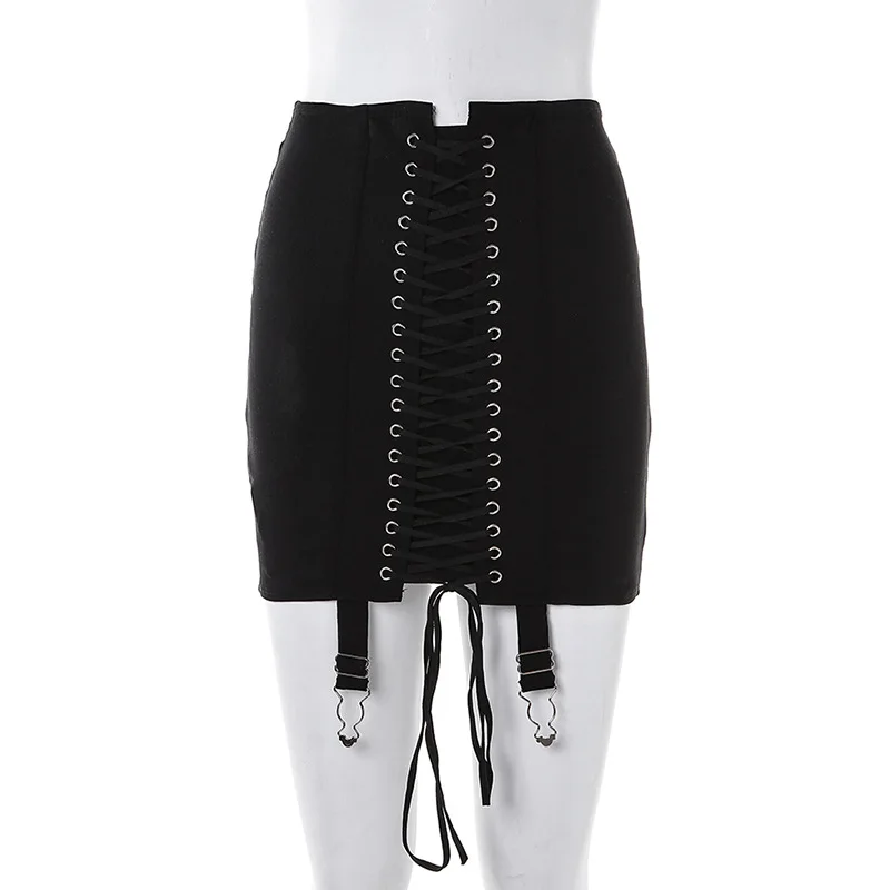 Women Punk Patchwork Summer High Waist Eyelet Lace Up Skirt Gothic Emo Y2K Vintage Mini Skirt Bodycon Aesthetic Sexy Skirts
