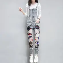 Джинсовые комбинезоны для женщин Весна Осень Мультфильм персонаж печати отверстие женские Комбинезоны Свободные повседневные джинсовые брюки