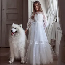 White Lace Flower Girl Dresses For Wedding Jewel Neck A Line Toddler Pageant Gowns Sweep Train Tulle Kids Birthday Dress