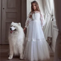 White Lace Flower Girl Dresses For Wedding Jewel Neck A Line Toddler Pageant Gowns Sweep Train Tulle Kids Birthday Dress