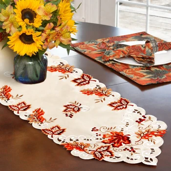 

Embroidered Maple Leaves Table Runner Handmade Table Cover Fall Party Decor