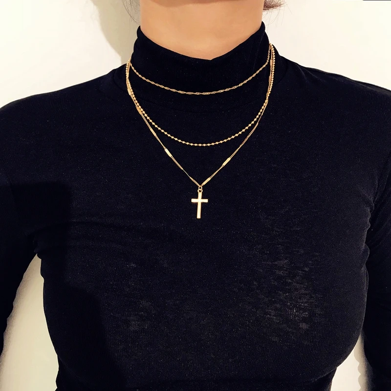 

2019 New Personality Cross Square Metal Multilayer Hip hop Long Chain Cool Simple Necklace For Women men Jewelry Gifts