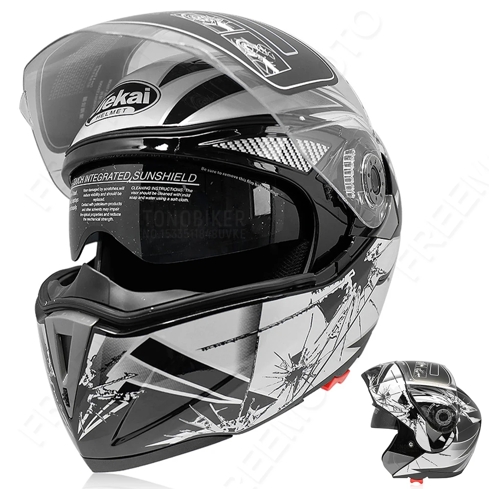Motorcycle Flip Up Helmet Safety Double Lens DOT ECE Moto Motorbike Helmet with Inner Sun Visor Helmets JIEKAI 105