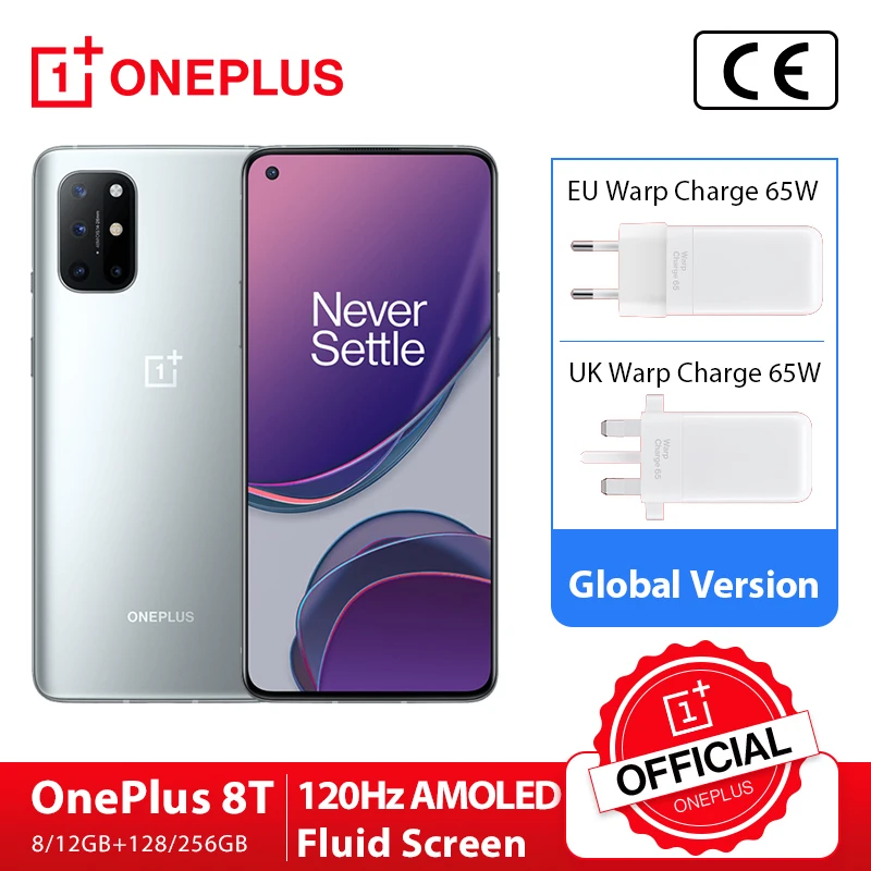 OnePlus 8T 8 T Versión Global OnePlus Official Store 8GB 128GB Snapdragon 865 5G teléfono inteligente 120Hz AMOLED líquido pantalla 48MP Quad cámaras 4500mAh Warp; código: 04ESOW20(€149-20);04ESOW14(€99-14);SAVINGSES13