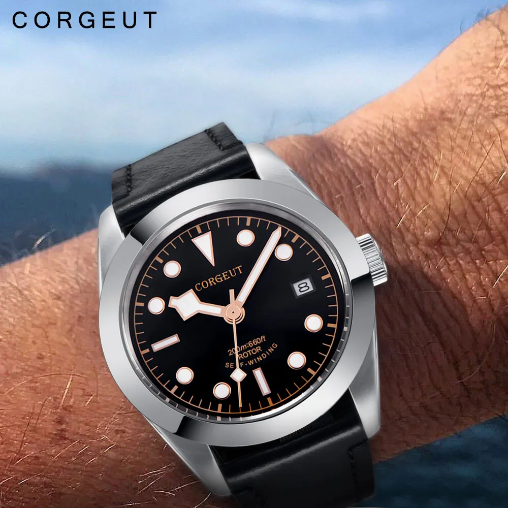 Corgeut 41 мм Роскошные брендовые военные механические часы Schwarz Bay, мужские автоматические спортивные часы, кожаные механические наручные часы
