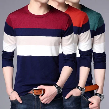 

Cotton Sweater Men Long Sleeve Pullovers Striped O-Neck Slim Fit Mens Sweater 2019 Autumn pull sweaters fashion male knitwear