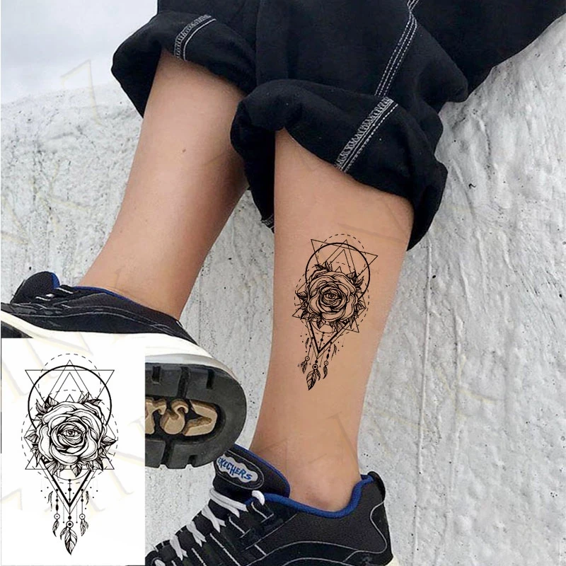

Waterproof Temporary Tattoo Sticker Geometry Rose Flower Dreamcatcher Water Transfer Flash Tatoo Fake Tattoos For Kids Men Women
