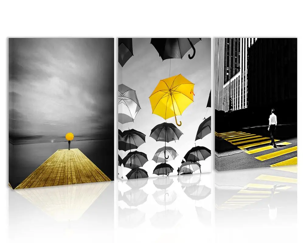 

Black and White Golden Umbrella Wall Art Decor Pier Sky Canvas Painting Kitchen Man Zebra Crossing Print Picture for Living Room