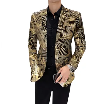 

Men Blazer Luxury Gold Stripes Print Business Casual Blazers Slim Fit Male Suit Jacket DJ Singer Prom Jacket Plus Size M-5XL