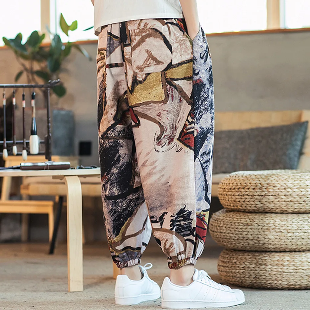 Trousers Men's Casual Vintage Style Loose Cotton Linen Printing Patchwork Lantern Pant Mens Pants Fashions Men Joggers Pants