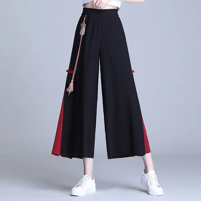 Women Pants Chinese Style Women's Pants New Summer Hippie Ethnic Loose Black Slit Wide Leg Pant Femme Pantalones Kimonos Trousers F3193