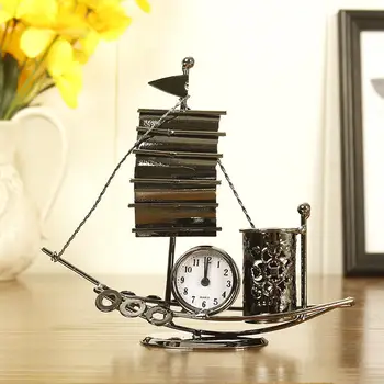 

High Quality Retro Sailing Clock Metal Navigation Table Clock Desktop Vintage Pen Holder Clock Figurines Classic Home Decor