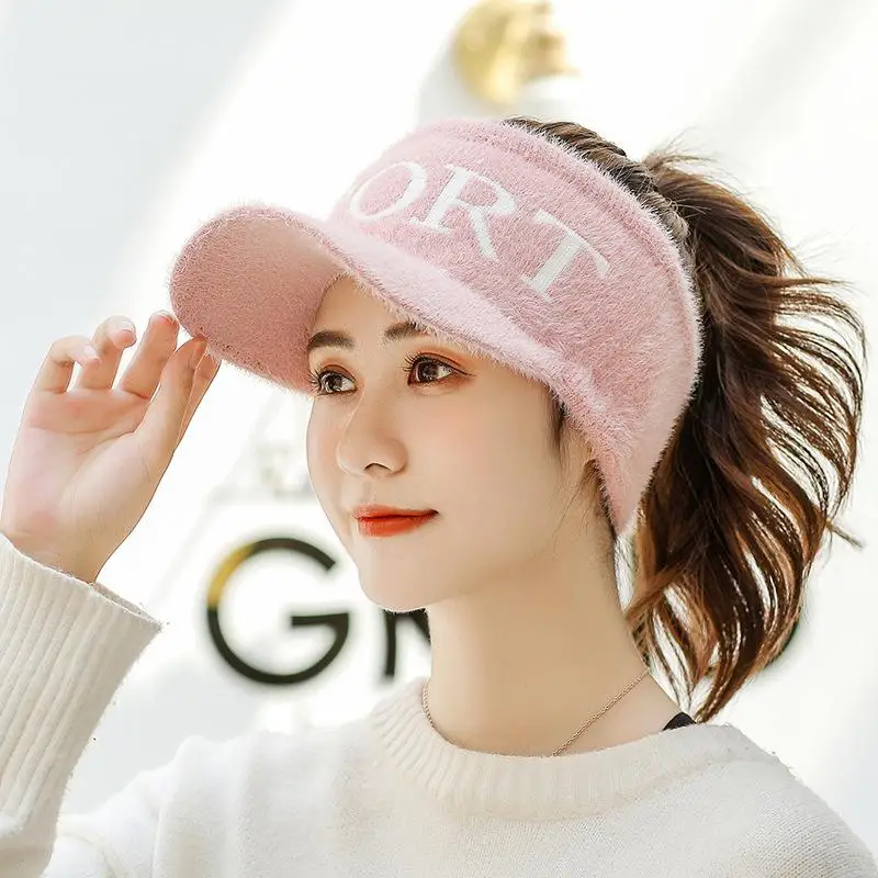 COKK Пустой Топ шляпа осень зима Женская корейская модная трикотажная шляпа кроличий мех Открытый Теплый Козырек Кепка женская шляпа от солнца ветрозащитная - Цвет: Pink