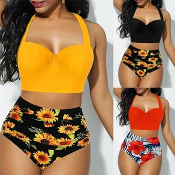 

Hirigin Plus Size Women Flower Bikini Set 2020 New High Waist Push Up Swimwear Padded Bathing Suit Swimming Suit Summer