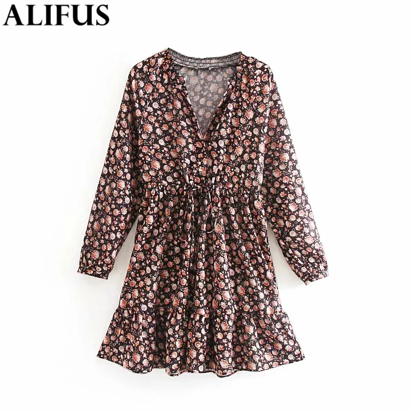 

Fashion Za Women Mini Dress 2019 Vintage Floral Print Chic V-Neck Long Sleeve Drawstring Loose Dresses Female Ladies Vestidos
