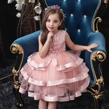 Розничная, стиль, кружевные нарядные платья для девочек элегантное платье принцессы с цветочной аппликацией для девочек летнее платье для девочек От 1 до 8 лет
