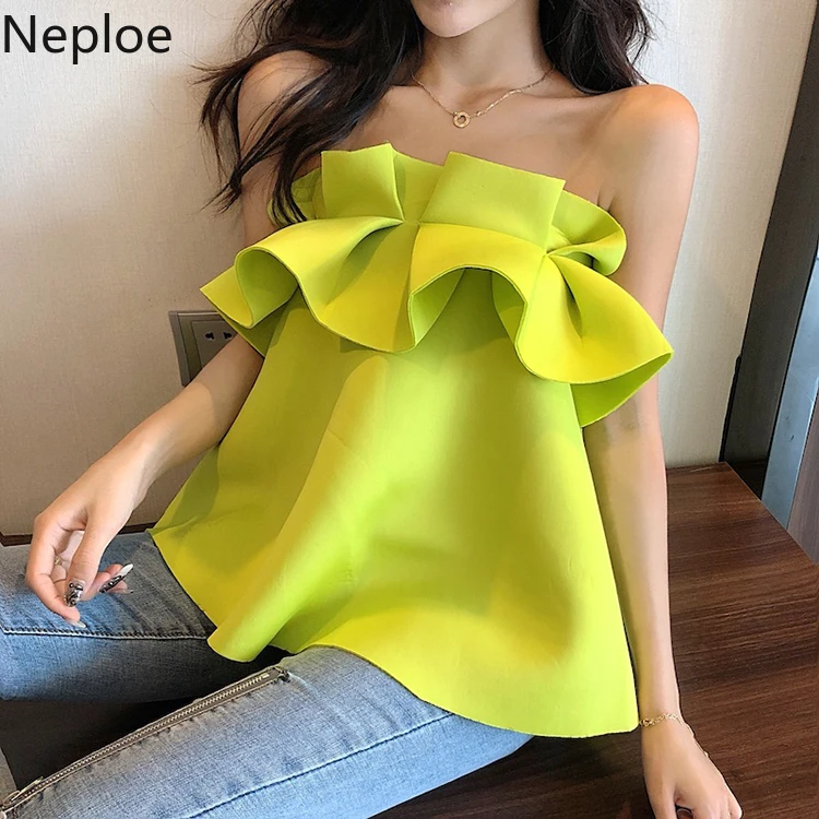 Neploe без бретелек женские блузы Tops Летние туфли на танкетке и с отделкой по краю