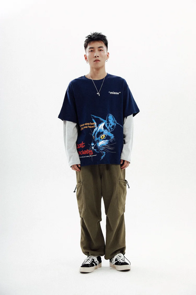 Осенние новые ins Супер Популярные кошачьи головы печати Свободные Поддельные из двух частей мужские повседневные свитера футболка с длинным рукавом пара tide Tee