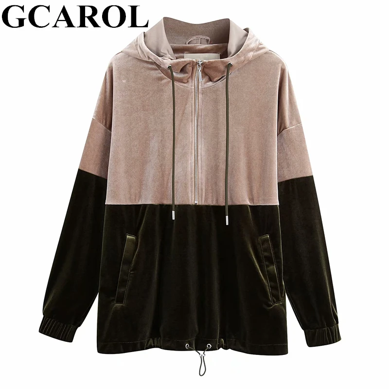 GCAROL Новая женская бархатная толстовка с капюшоном большого размера двухцветная Осенняя зимняя спортивная толстовка для активного отдыха спортивные костюмы