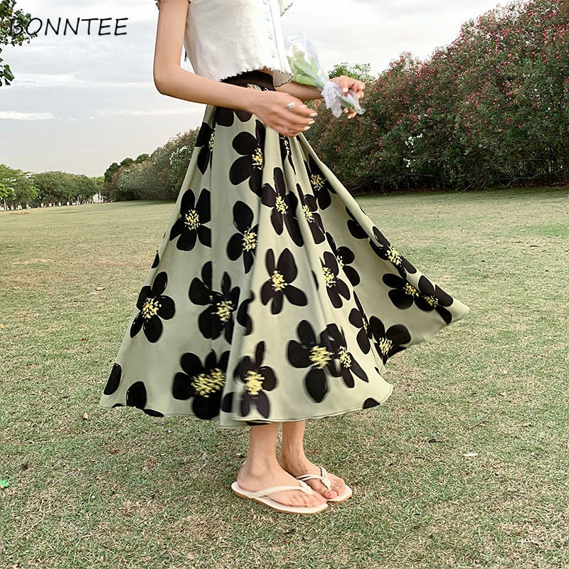 Faldas florales verdes para mujer, faldas sueltas de cintura alta, elásticas, hasta el tobillo, coreano, informales, combina con todo, Chic|Faldas| - AliExpress