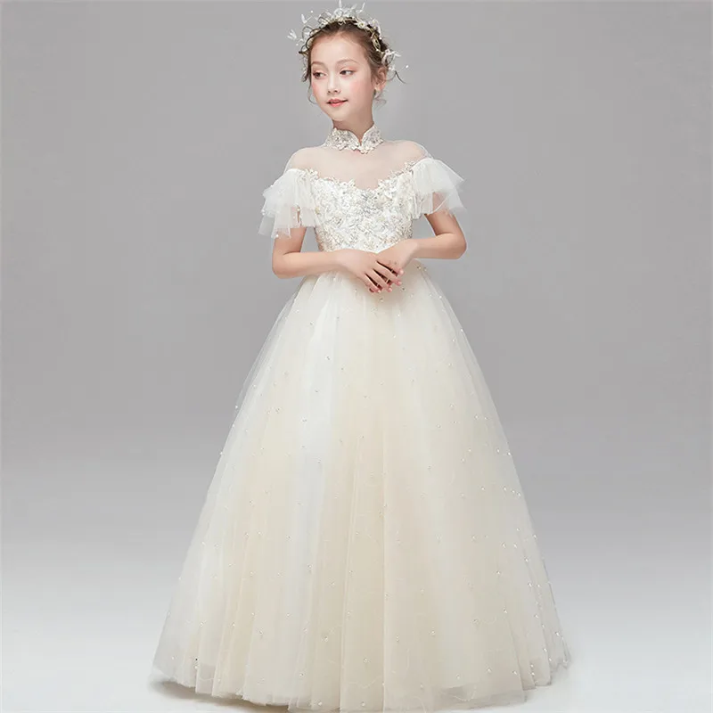 Детское платье в Корейском стиле для девочек; милое Сетчатое платье принцессы цвета шампанского на свадьбу, день рождения, вечеринку; Детские костюмы с цветочным узором; одежда для выпускного вечера
