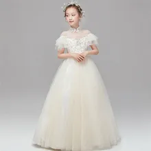 Детское платье в Корейском стиле для девочек; милое Сетчатое платье принцессы цвета шампанского на свадьбу, день рождения, вечеринку; Детские костюмы с цветочным узором; одежда для выпускного вечера