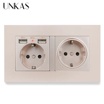 

UNKAS PC Plastic Panel Wall Socket EU Standard Power Outlet With Dual USB Smart Induction Charge Port For Mobile 5V 2.1A