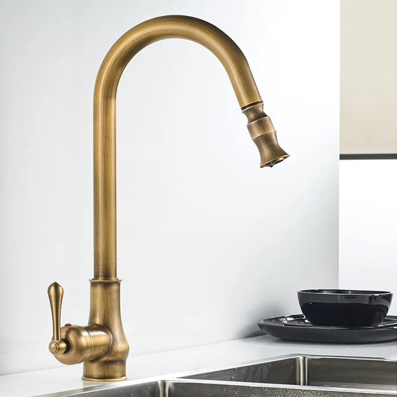 Hotaan Antique Brass  Kitchen Faucet Single Hole Pull Out Spout Copper Kitchen Sink Mixer Tap with Stream Sprayer Head