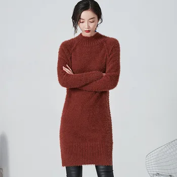 

Knit Dress 2019 Imitation Mink Fur Thick Sweater Women's Bottoming Dress Long Sleeve Dress Sweater Dress