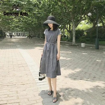 

Woman A-line Dress Short Sleeve O-neck Dresses Korean Style Vintage Plaid Elastic Waist Slim Office Lady Elegant Female Dress