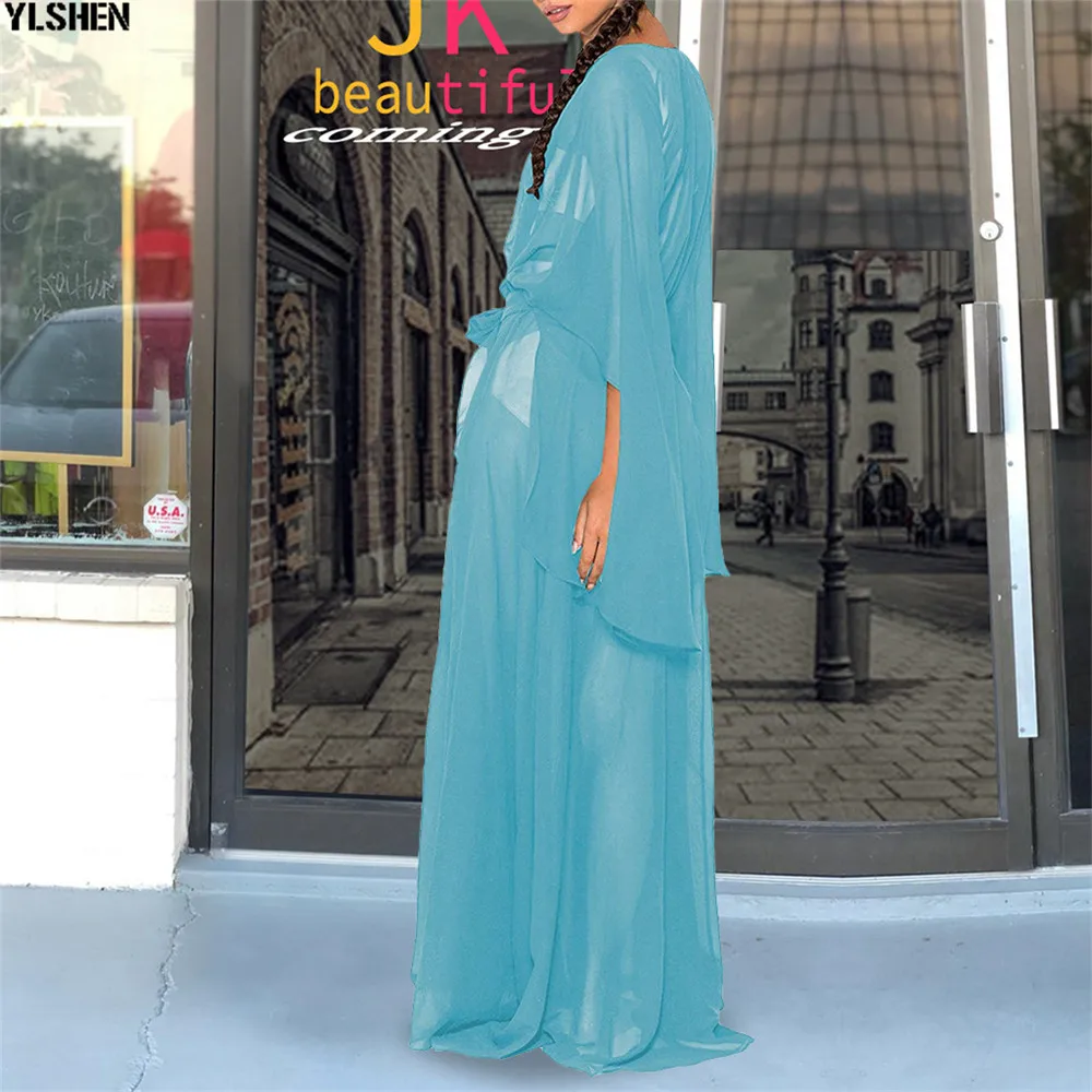 Blue African Dress Africa Dresses for Women Clothes Dashiki Bat Sleeve Cardigan Blouse Chiffon Maxi Dress Vestido Africano Robe 08