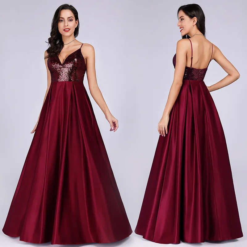 

Formal Party Gowns 2020 Burgundy Sequined Evening Dresses R124 V-Neck Robe De Soiree Sleeveless Spaghetti Strap Elegant Vestidos
