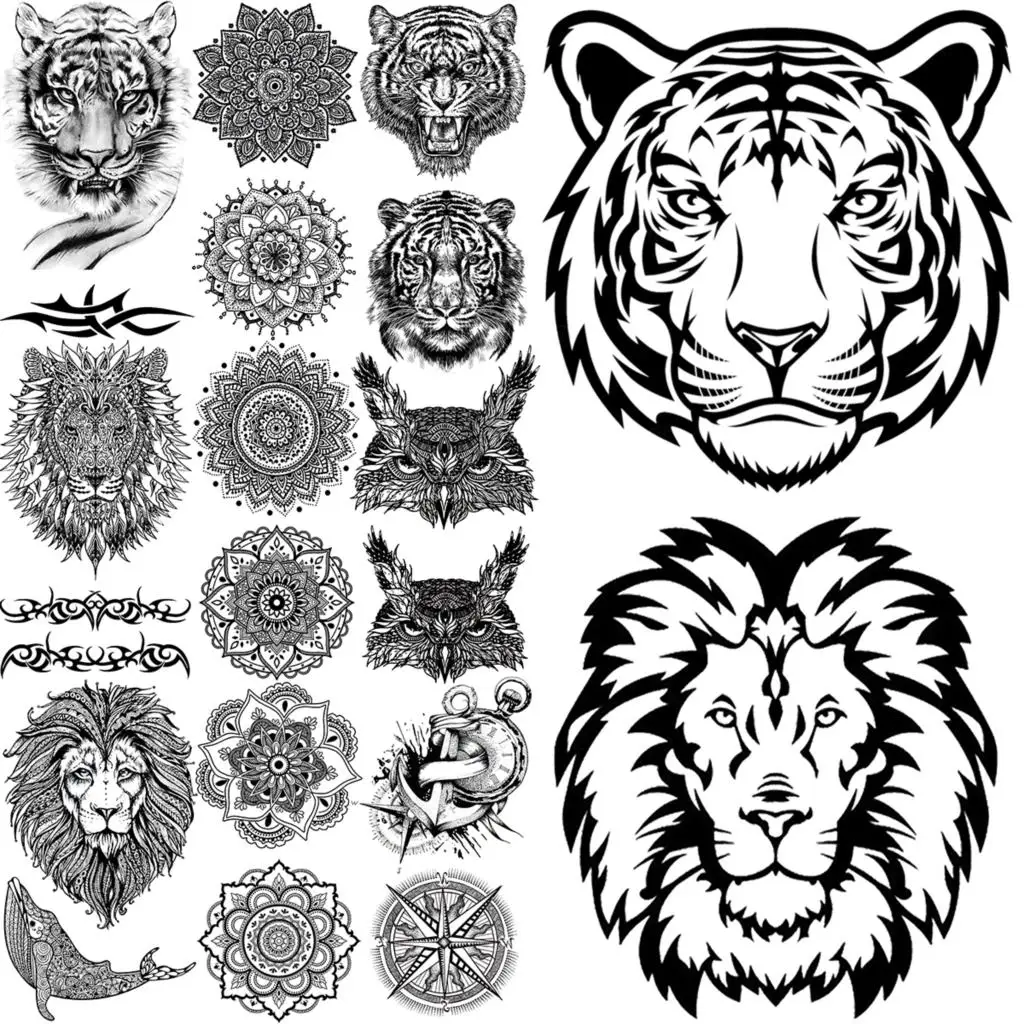 

Реалистичная Тигр Временные татуировки для взрослых мужчин 3D Лев Сова Мандала КИТ якорь искусственная кожа задние татуировки 3D