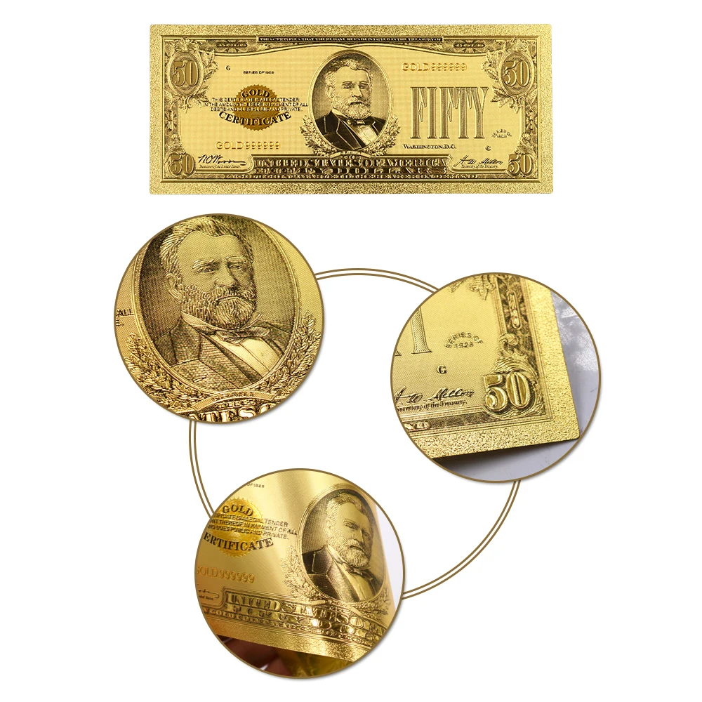 1928 год Красочные золотые банкноты Usd 50 24k Золотая фольга бумажные деньги