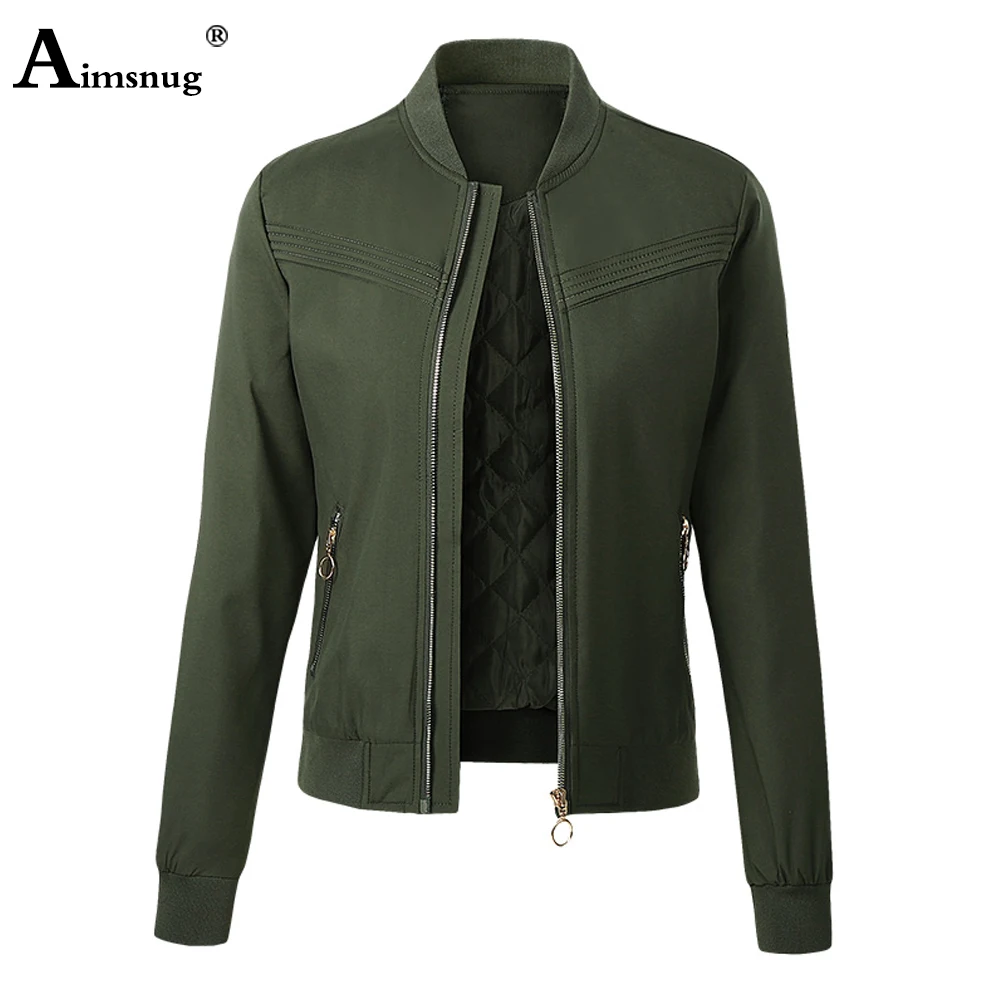 

Aimsnug 2020 Autumn Winter Coat Women Fashion Stand Collar Outerwear Pockets Zipper Woman Jacket Red Army Green Slim Femme Veste