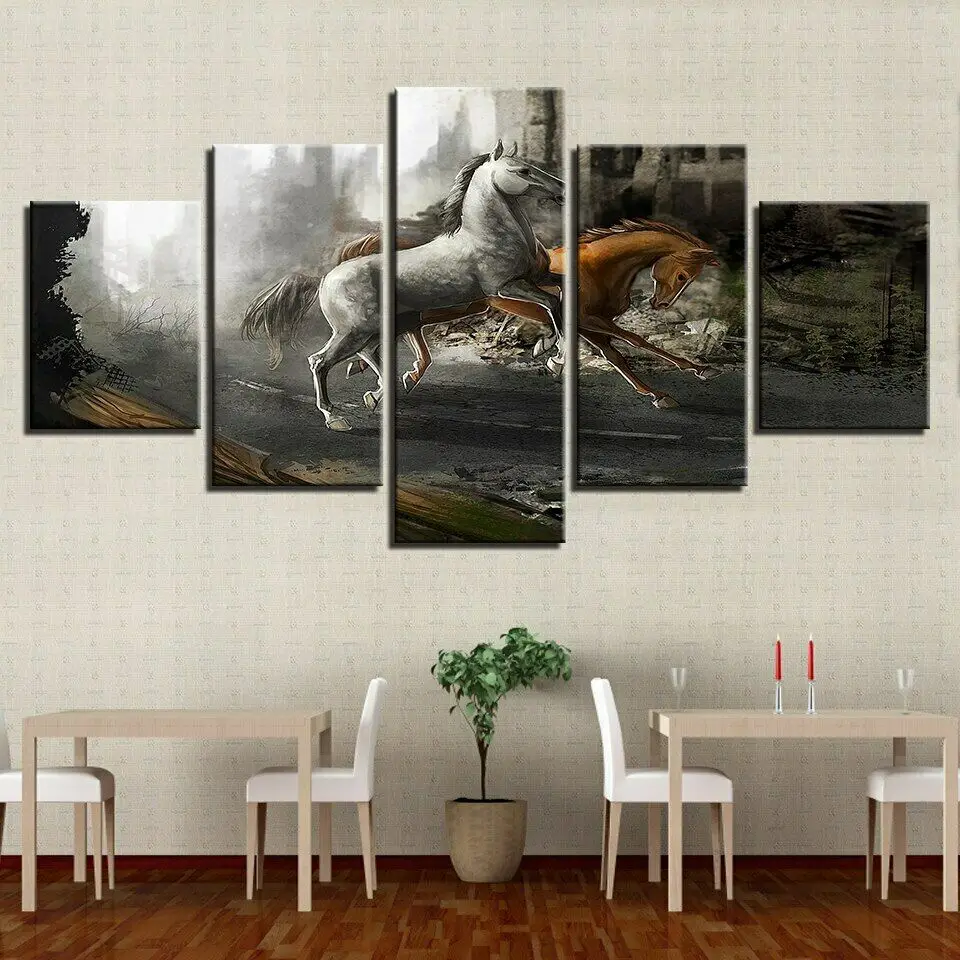 

5 Pcs Canvas Pictures Print Wall Art Canvas Abstract Couple Racing Horse Paintings Wall Decor for Living Room Unframe