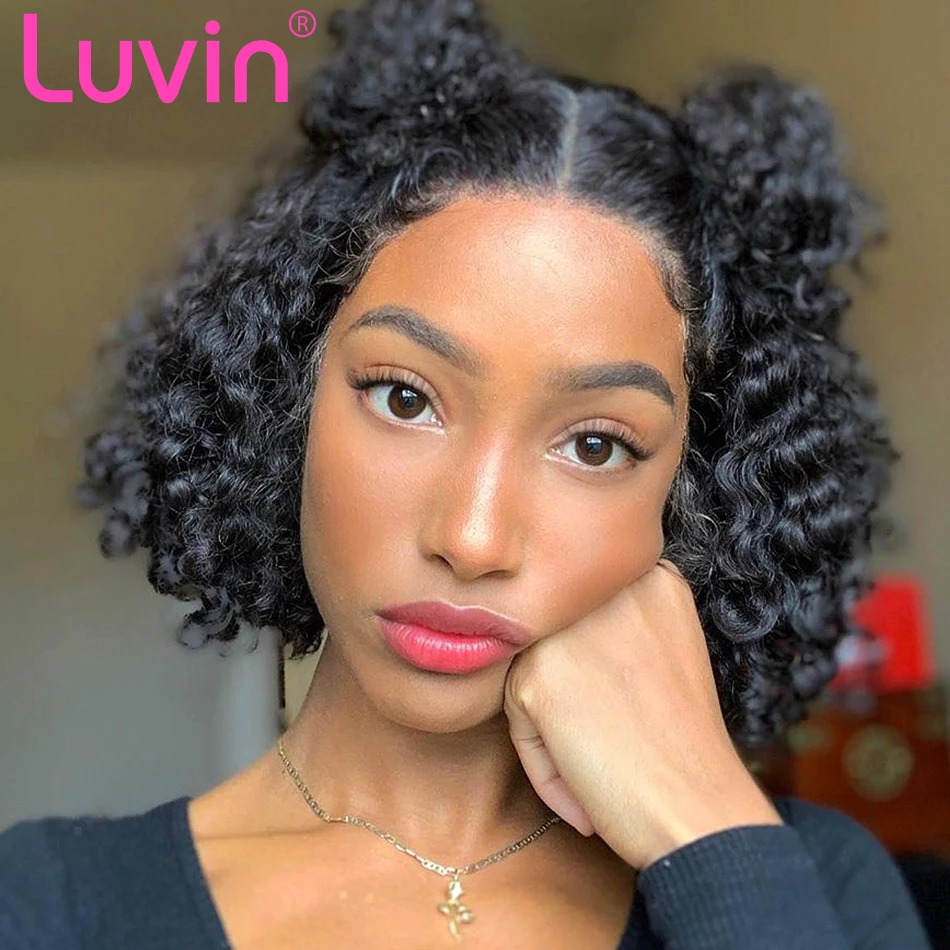 Online Luvin corto Bob Deep Wave 180 densidad de encaje Frontal Peluca de cabello humano Pre desplumado brasileño rizado Frontal Natural pelucas de agua