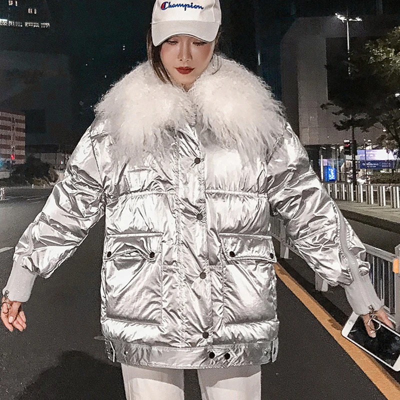 

Fashion Loose Outerwear Waterproof Glossy Jackets White Duck Down Silver/Black Big Fur Hooded Girl Down Coats Girls Jacket