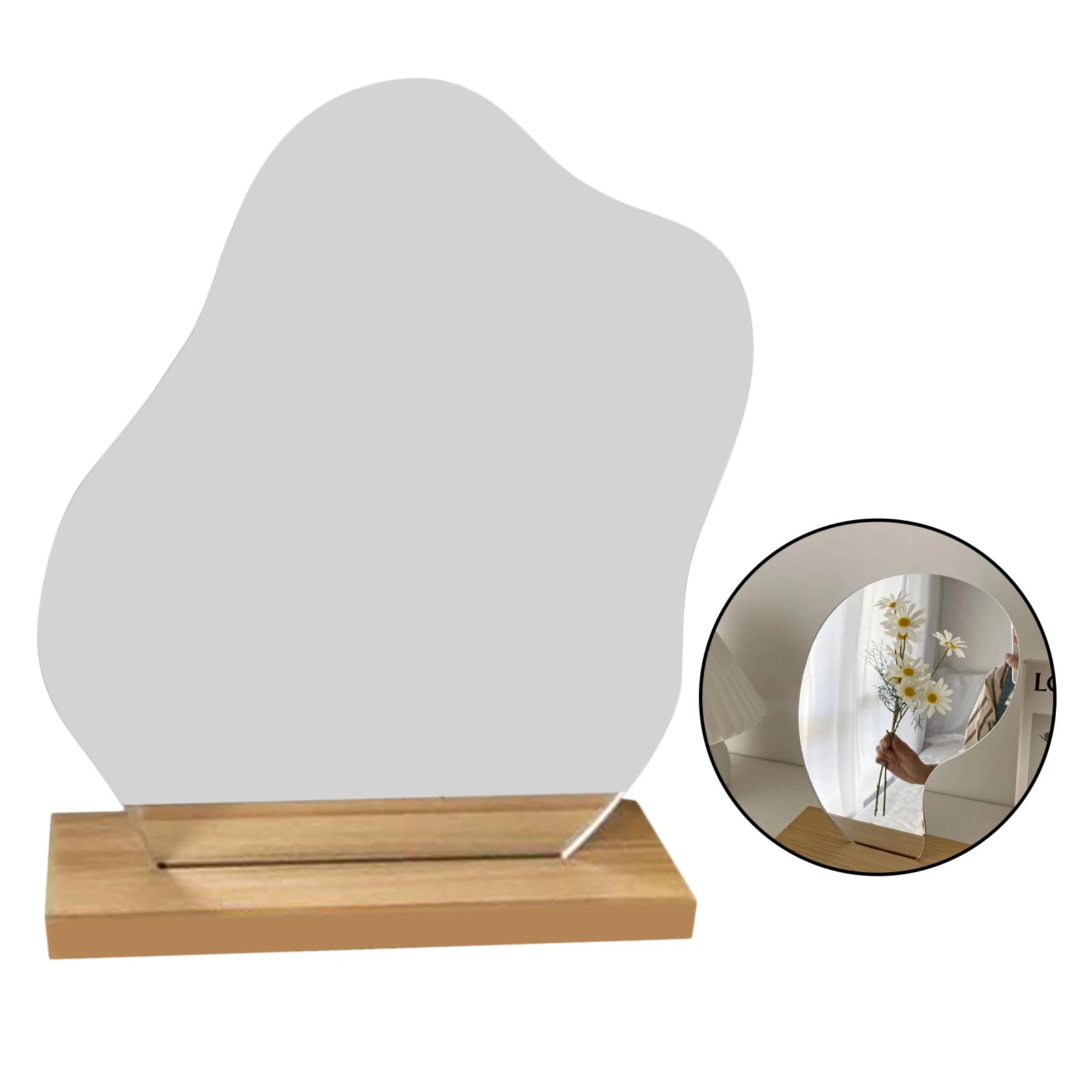 Dressing Irregular Makeup Mirror w/ Wooden Base For Women Decorative Gift Tabletop Desk Makeup Mirror Wooden Base