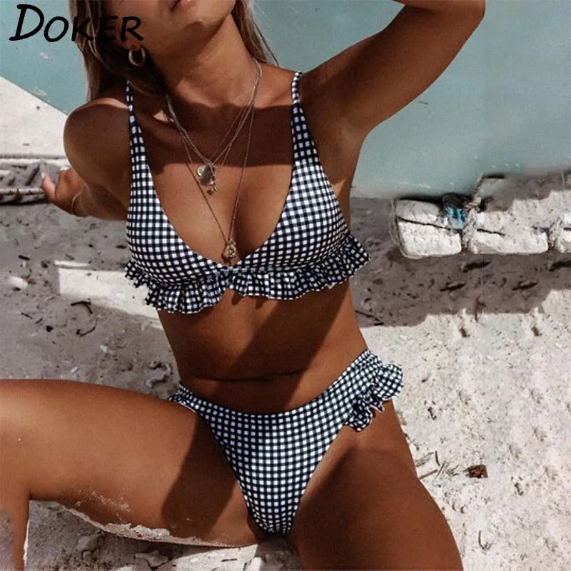 

Sexy Bikinis Plaid Print Push Up Bikini Swimming 2020 Summer Swim Suit Low Waist Swimsuit Female Ruffles Swimwear Women Biquini