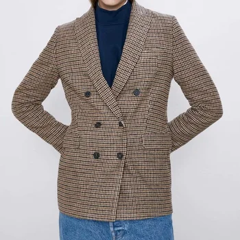 

KUMSVAG 2020 Autumn Women Plaid Blazers Coats Long Sleeve Double Breasted Slim Casual Blazer Female Elegant Street Blazers Cloth